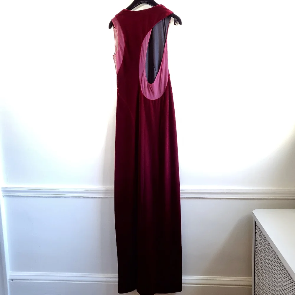 Galvan London Crescent Sheer Panel Thigh Split Velvet Wine Evening Gown Size 10 - Picture 15 of 17
